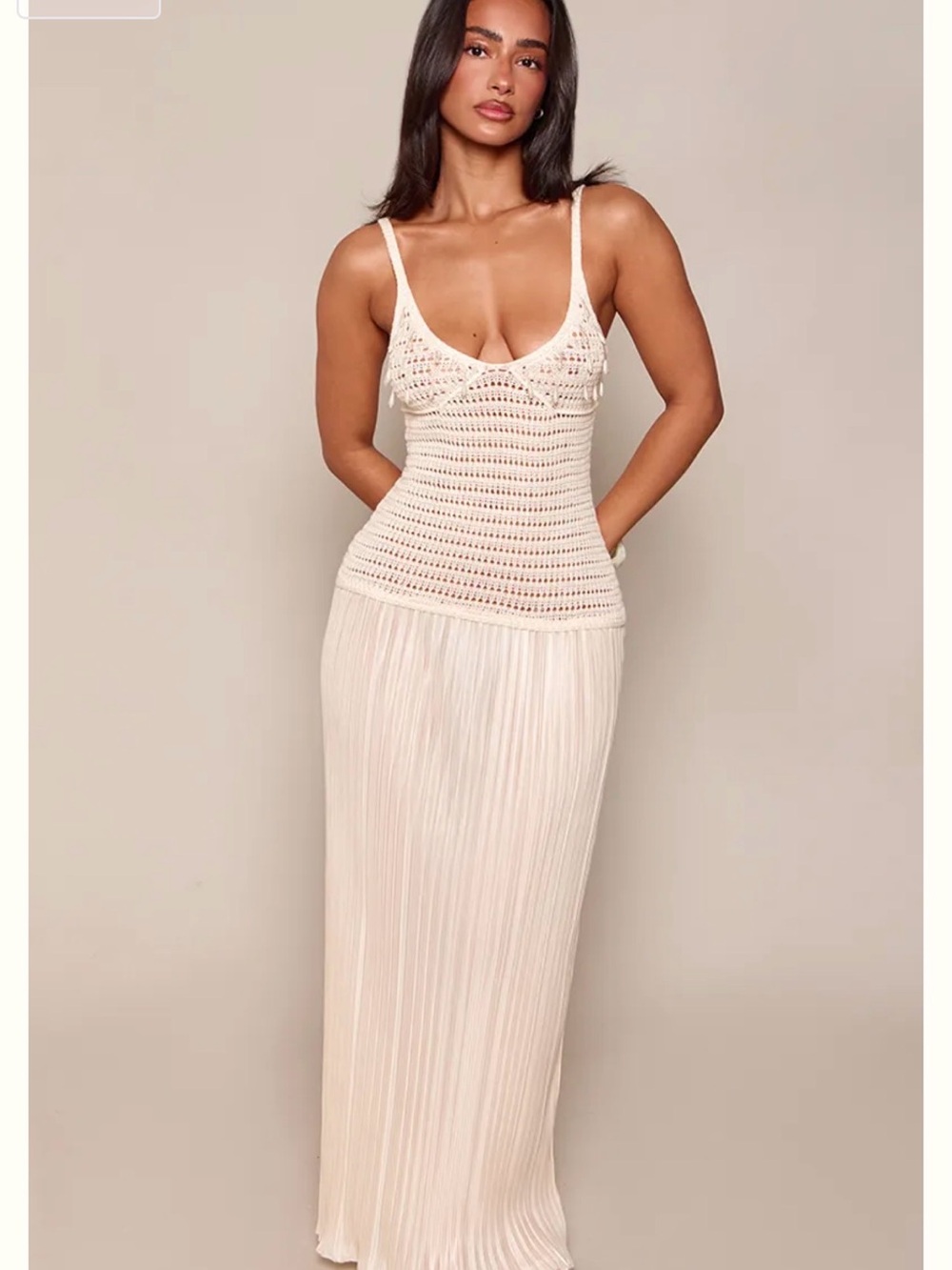 PrettyLittleThing Cream Crochet Knit Maxi Slip Dress